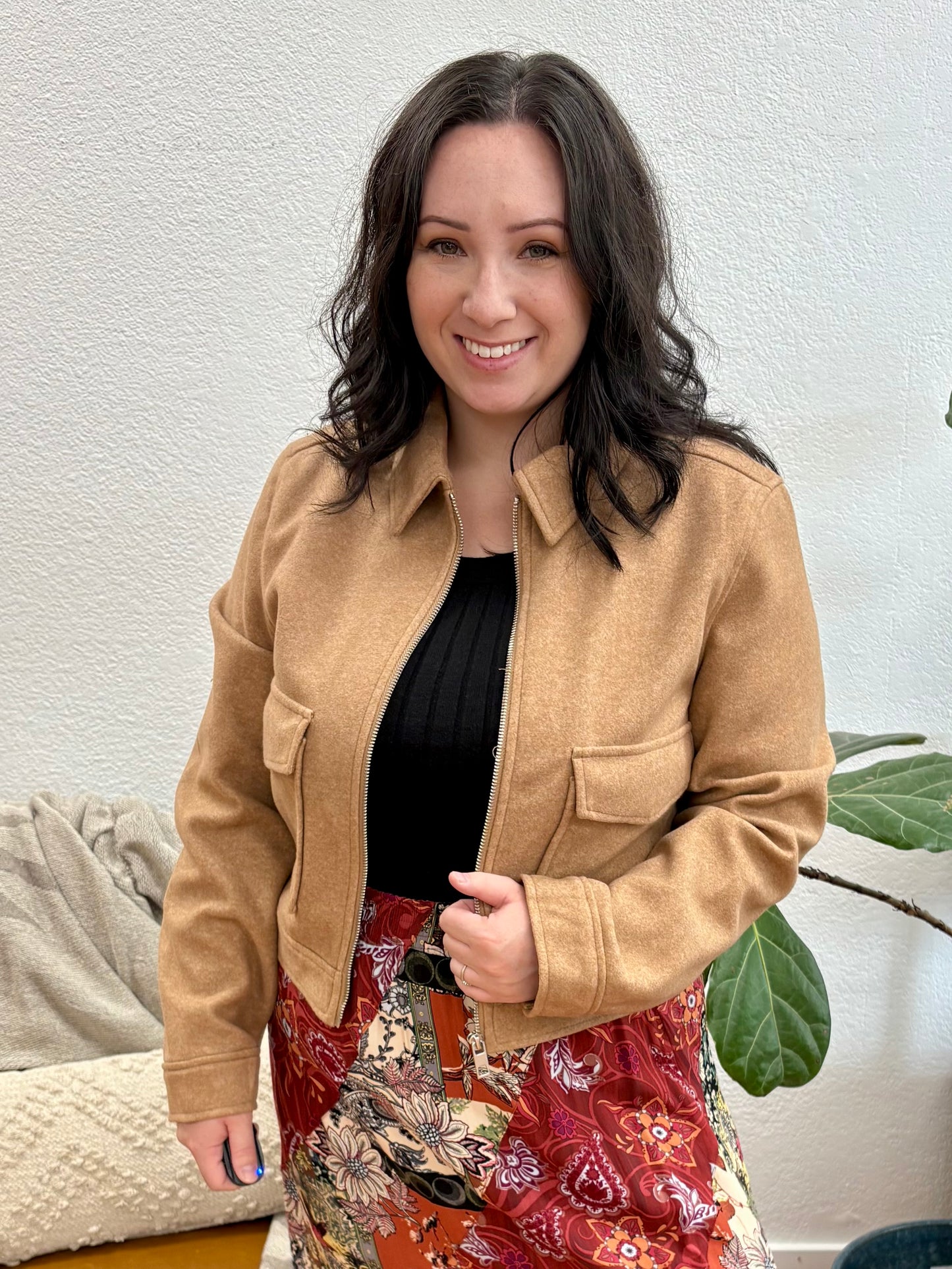 Camel Flat Pocket Zip Up Jacket