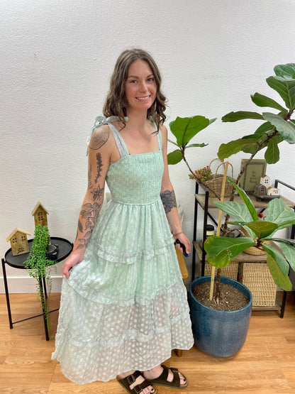 Mint Square Neck Ruffle Tiered Midi Dress