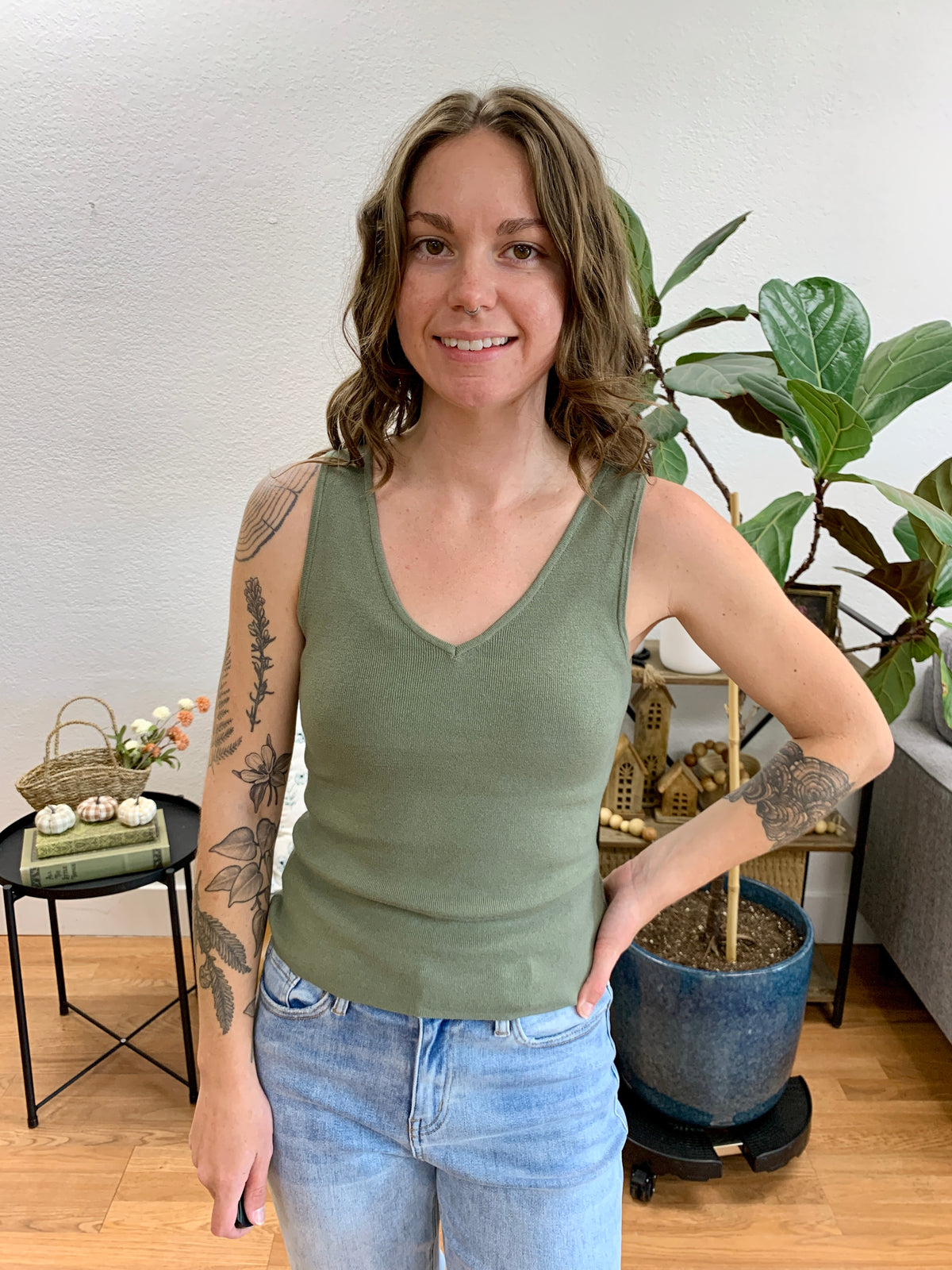 Olive V Neck Soft Knit Tank