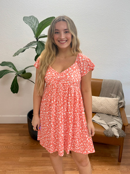 Coral Floral Ribbed Sweetheart Dress