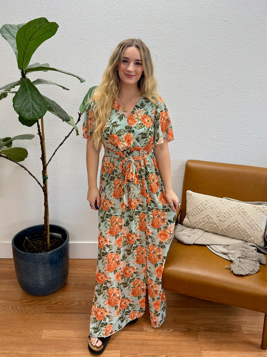 Sage Surplice Floral Maxi Dress