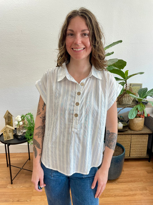 Sky Blue Striped half Button Collared top