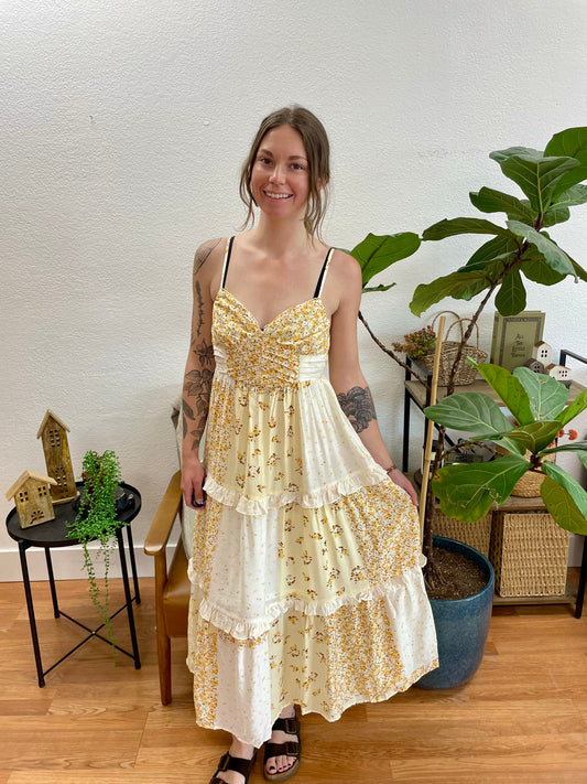 Butter Yellow Patchwork Midi Dress