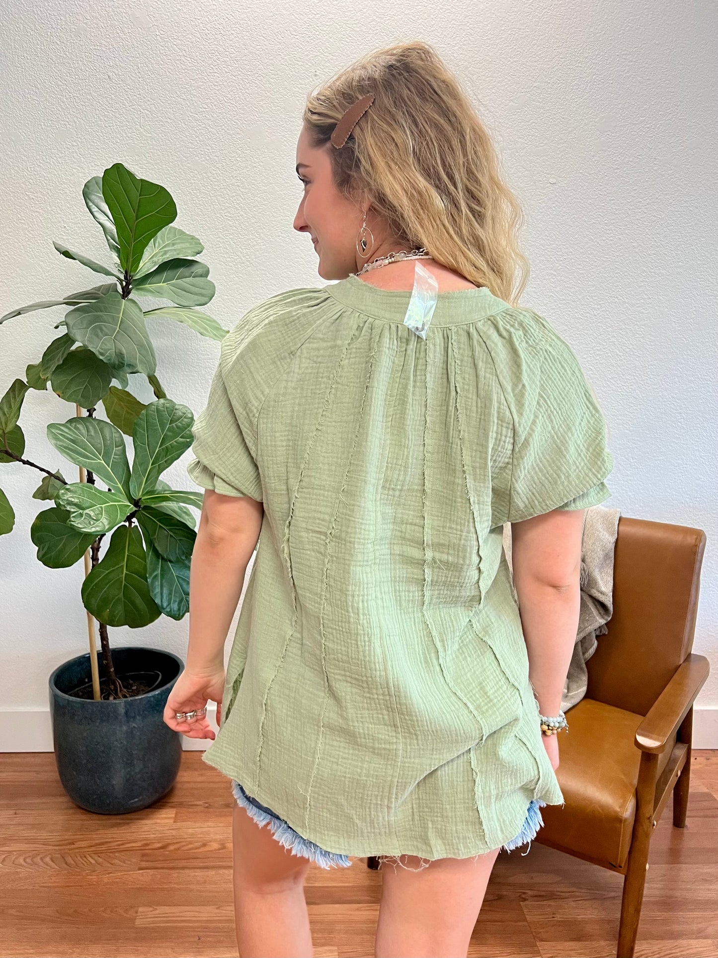 Sage Puff Sleeve Gauze Blouse