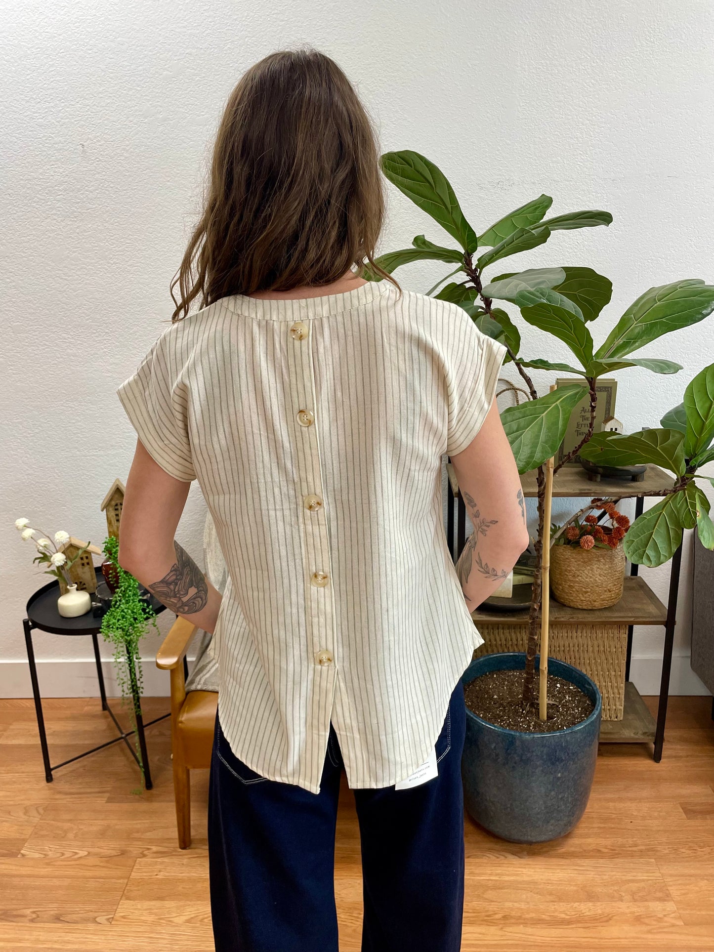 Olive Split Neck Stripe Blouse