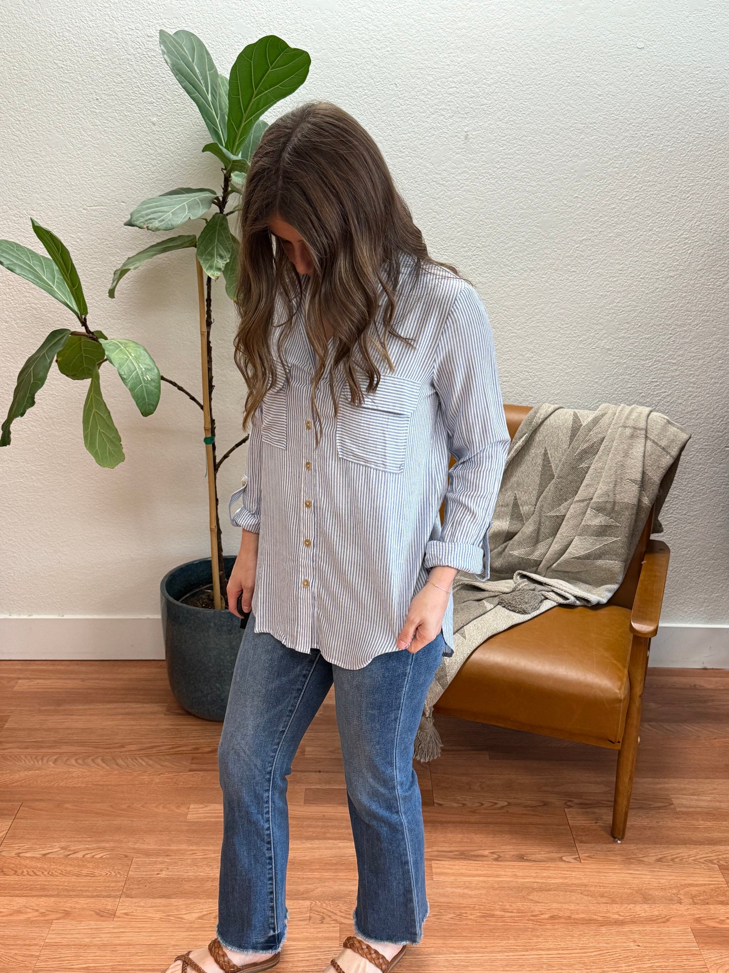 Navy Striped Pocket Button Down