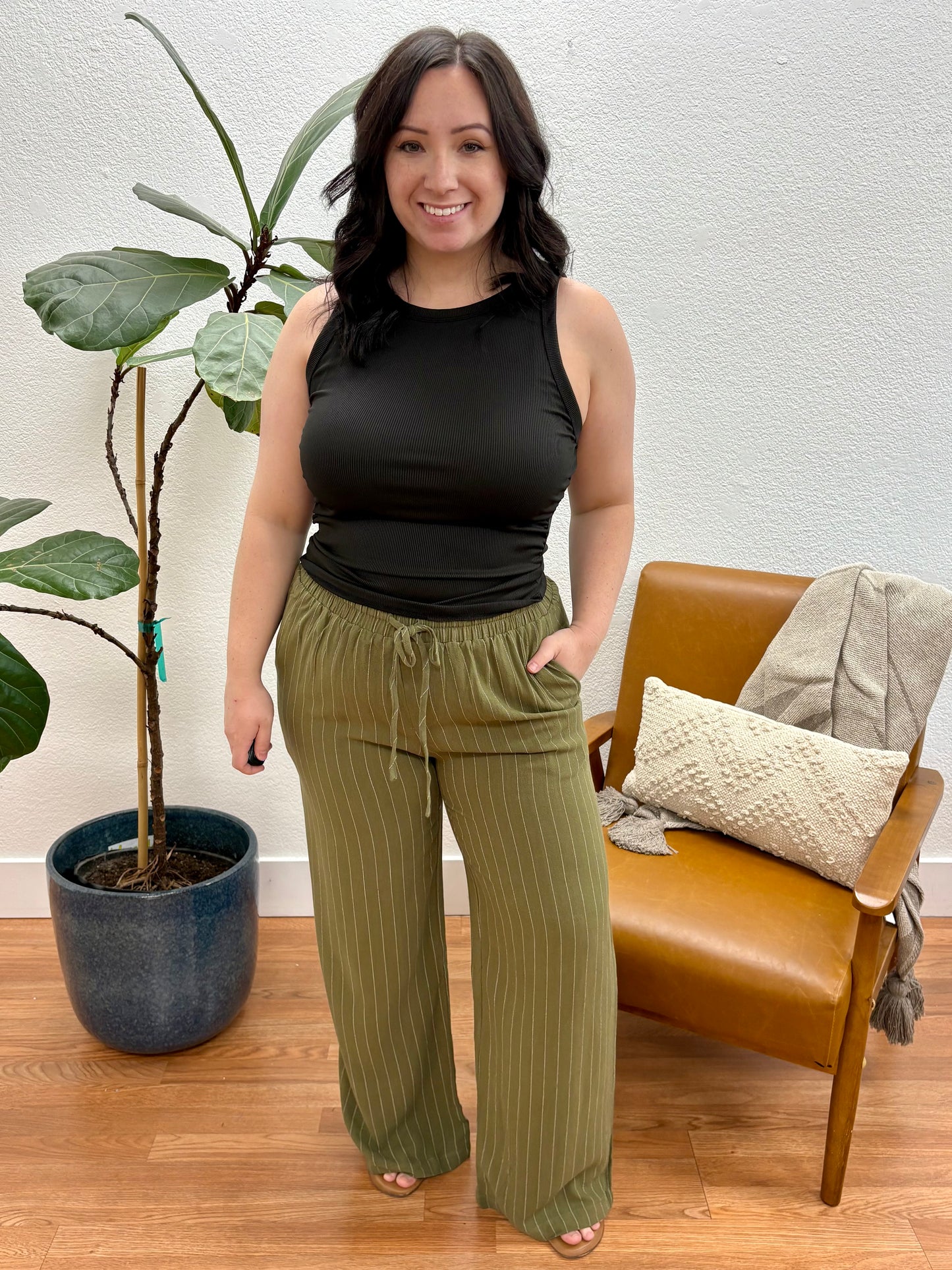 Olive Pull On Pinstripe Pants