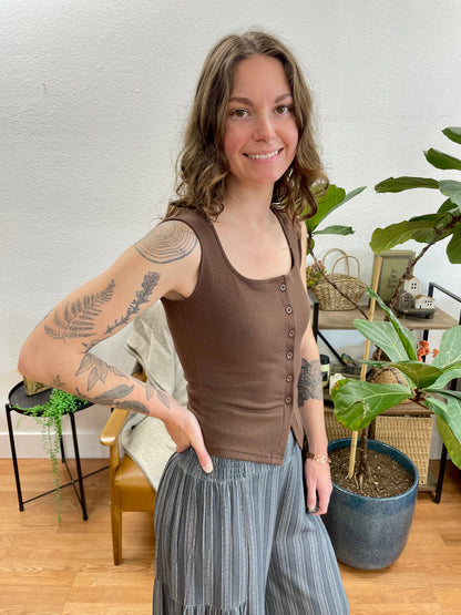 Brown Scoop Neck Split Hem Tank