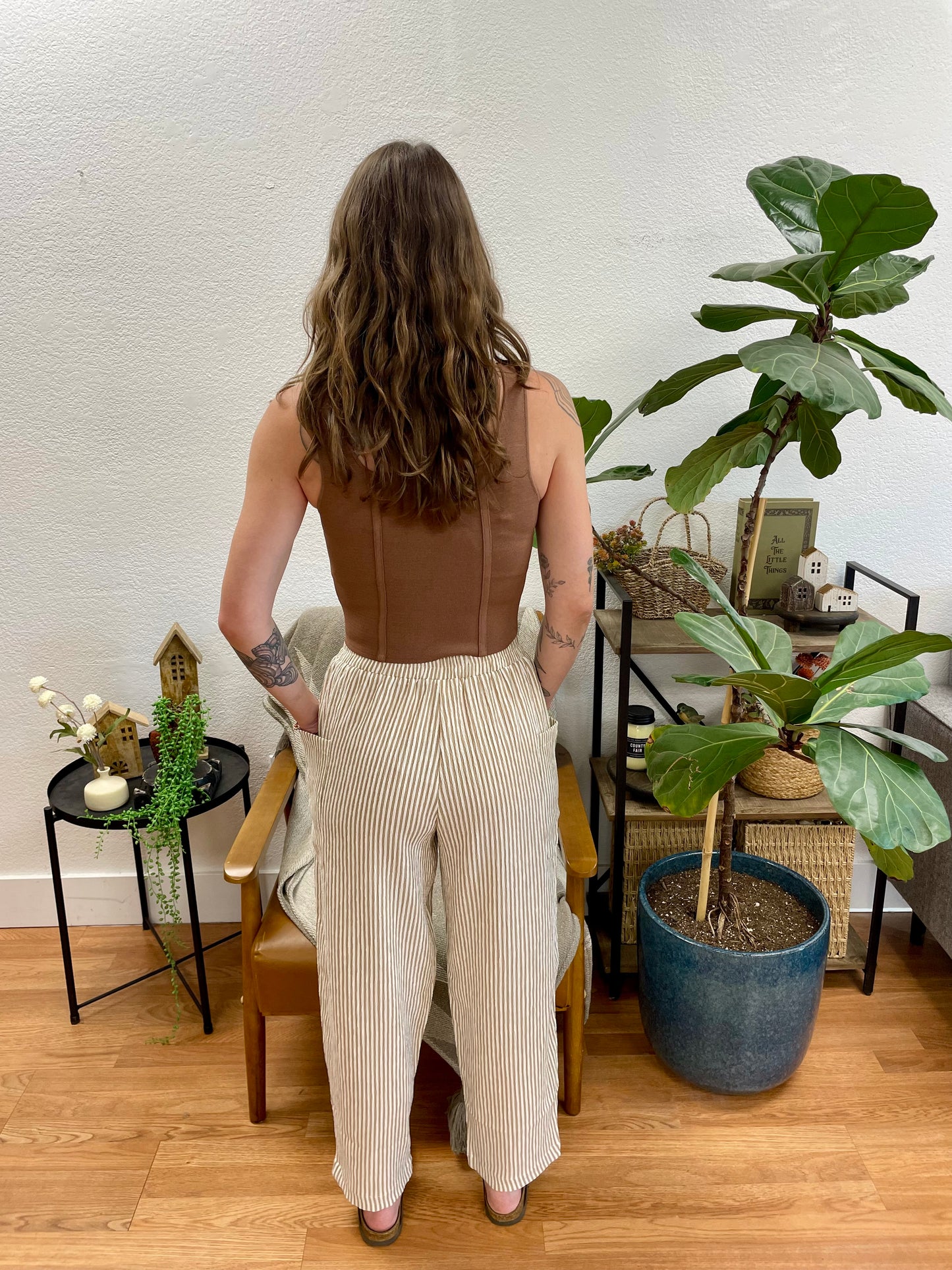 Mocha Stripe Elastic Waist Pants