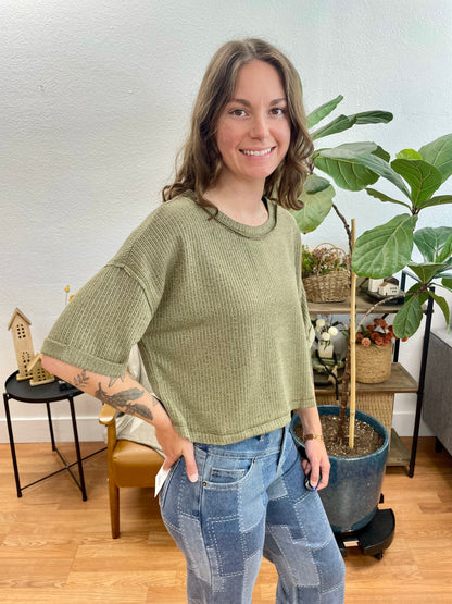 Olive Cropped Rolled Sleeve Top