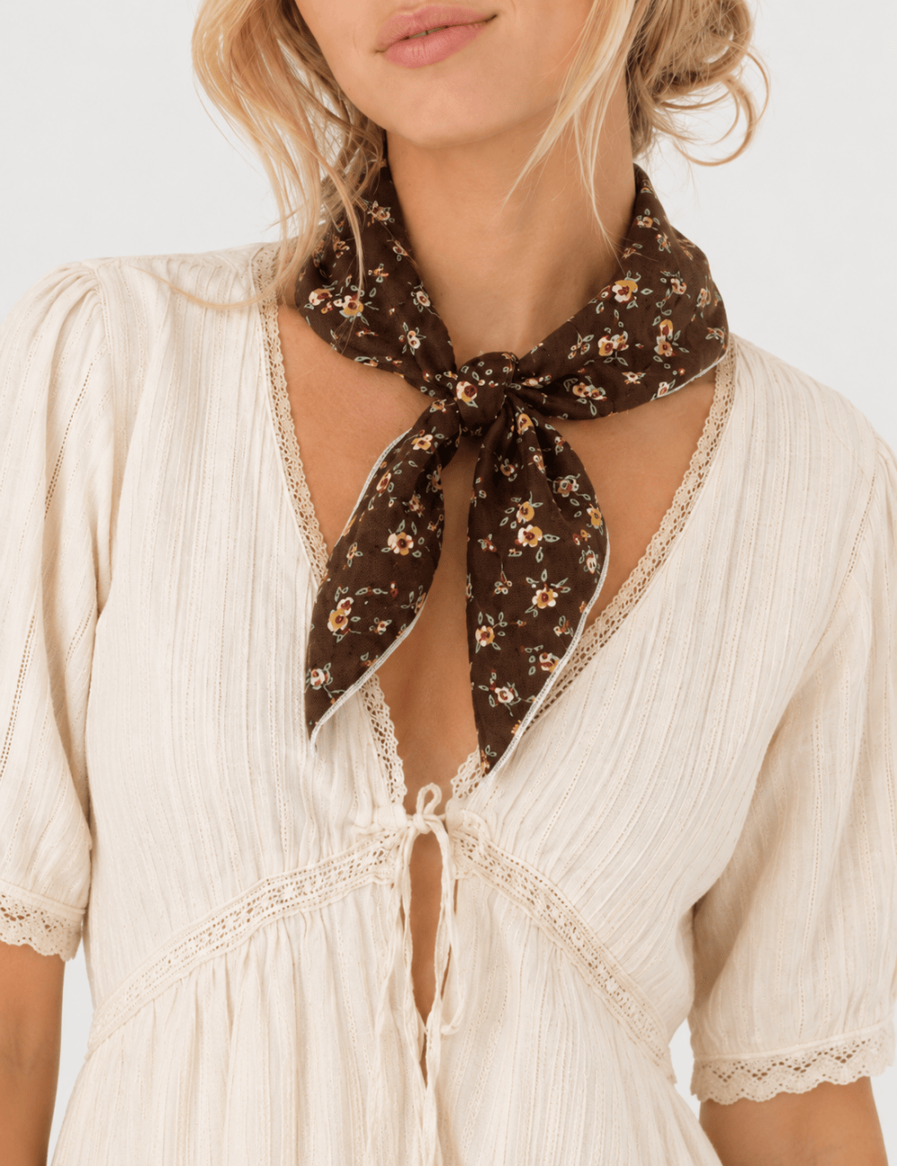 Coffee Floral Print Square Neck Scarf