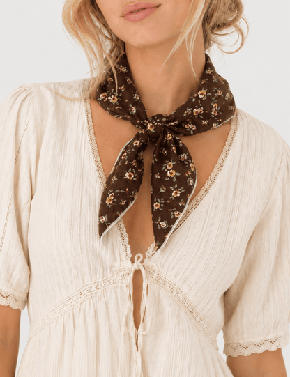 Coffee Floral Print Square Neck Scarf