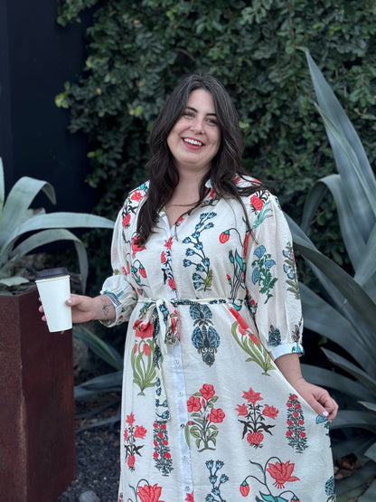 White Floral Tie Closure Shirt Dress