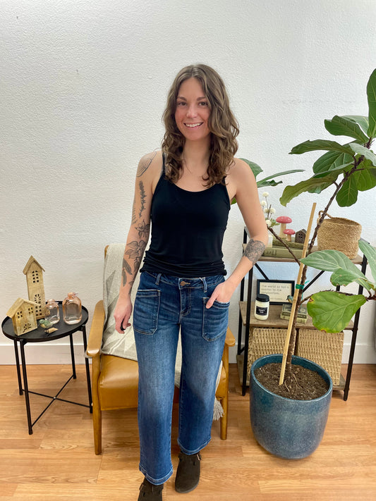 RISEN Dark Wash Front Pocket Slouchy Crop Jeans