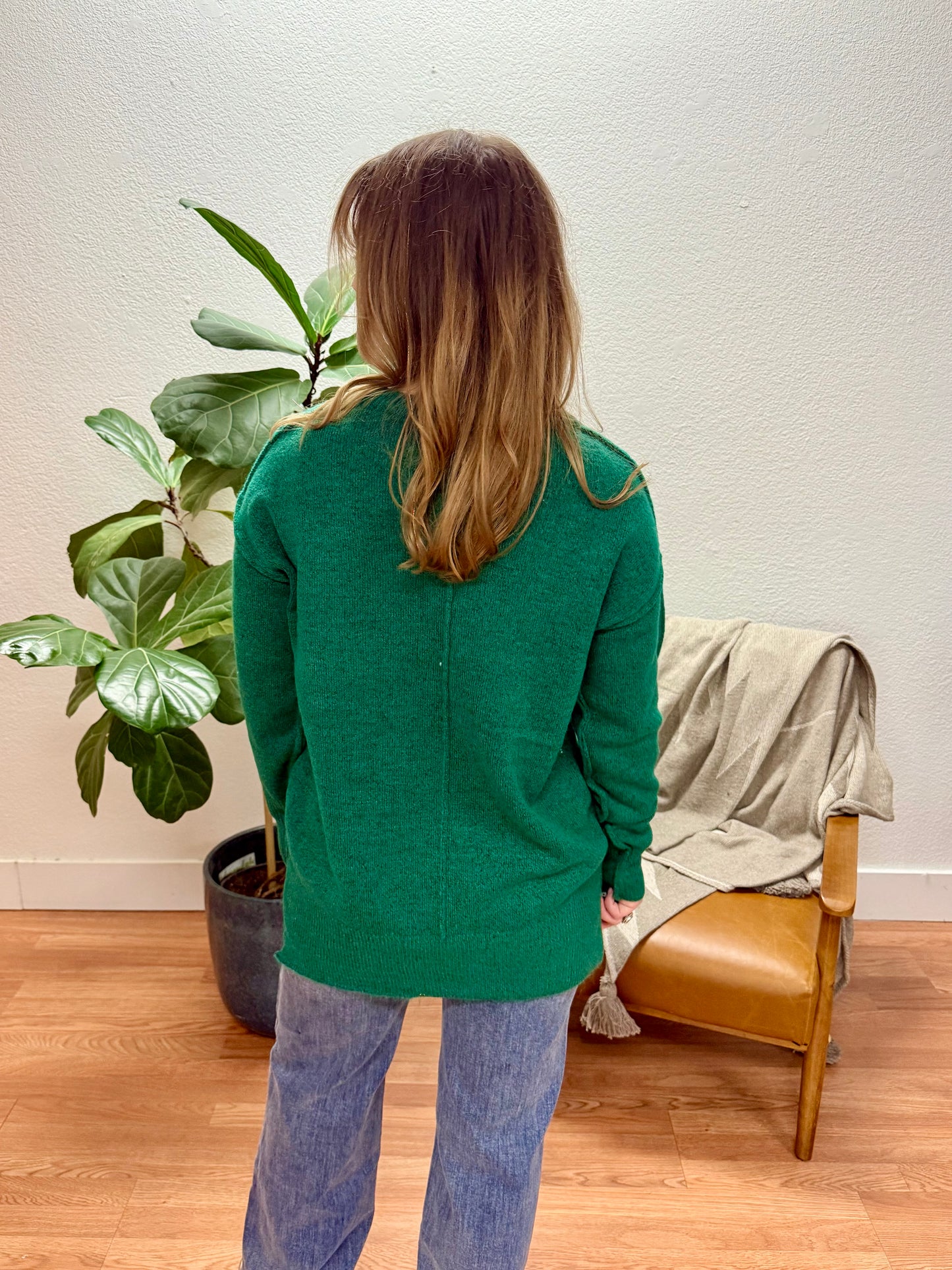 Hunter Green High Low Round Hem Sweater