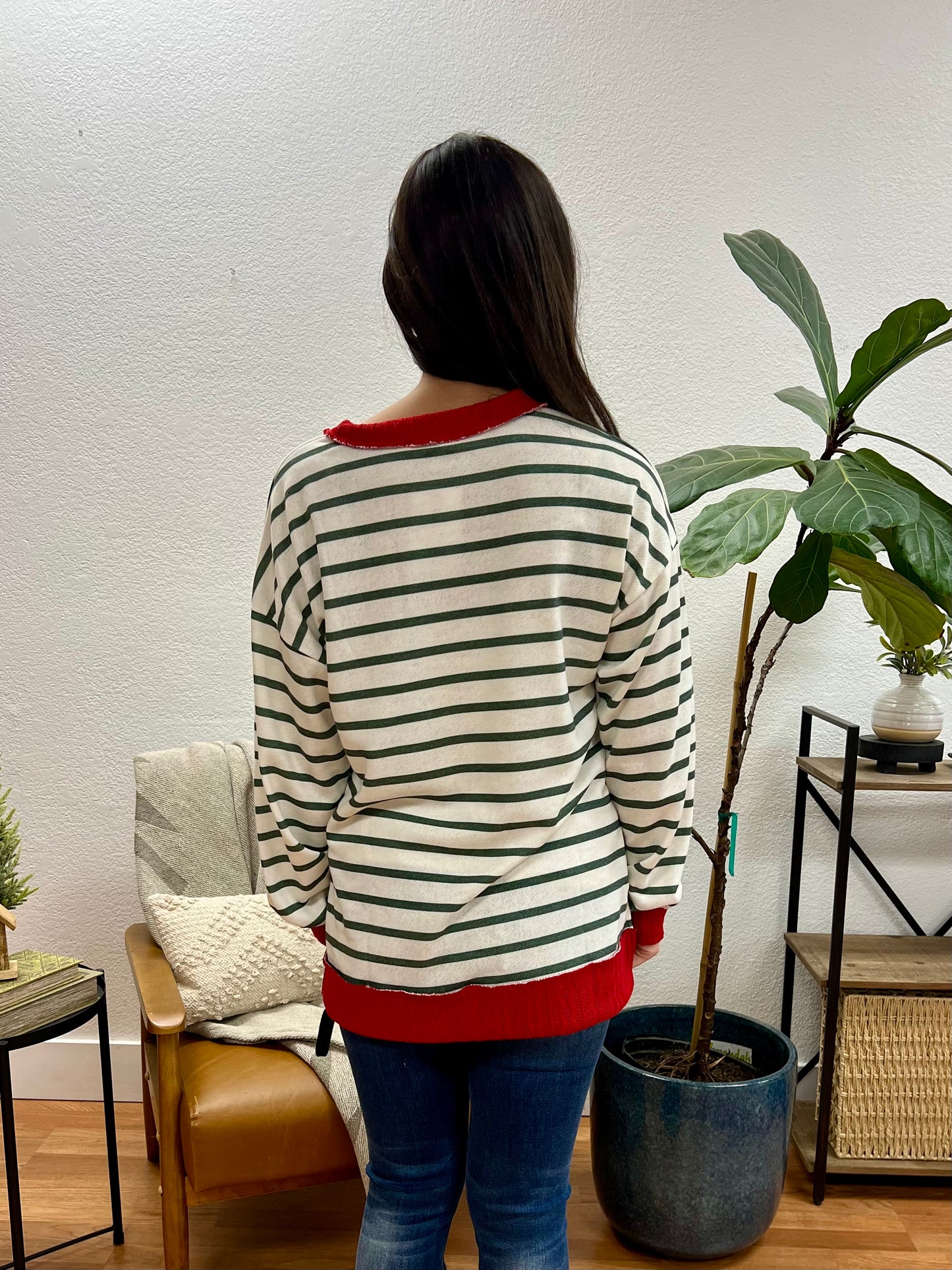 Off White And Hunter Green Striped Pullover