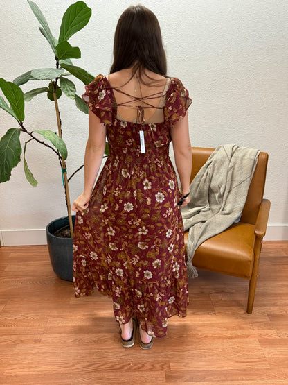 Burgundy Floral Ruffle Midi Dress