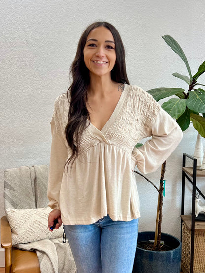 Oatmeal V Neck Babydoll Blouse
