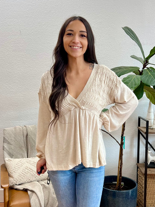 Oatmeal V Neck Babydoll Blouse