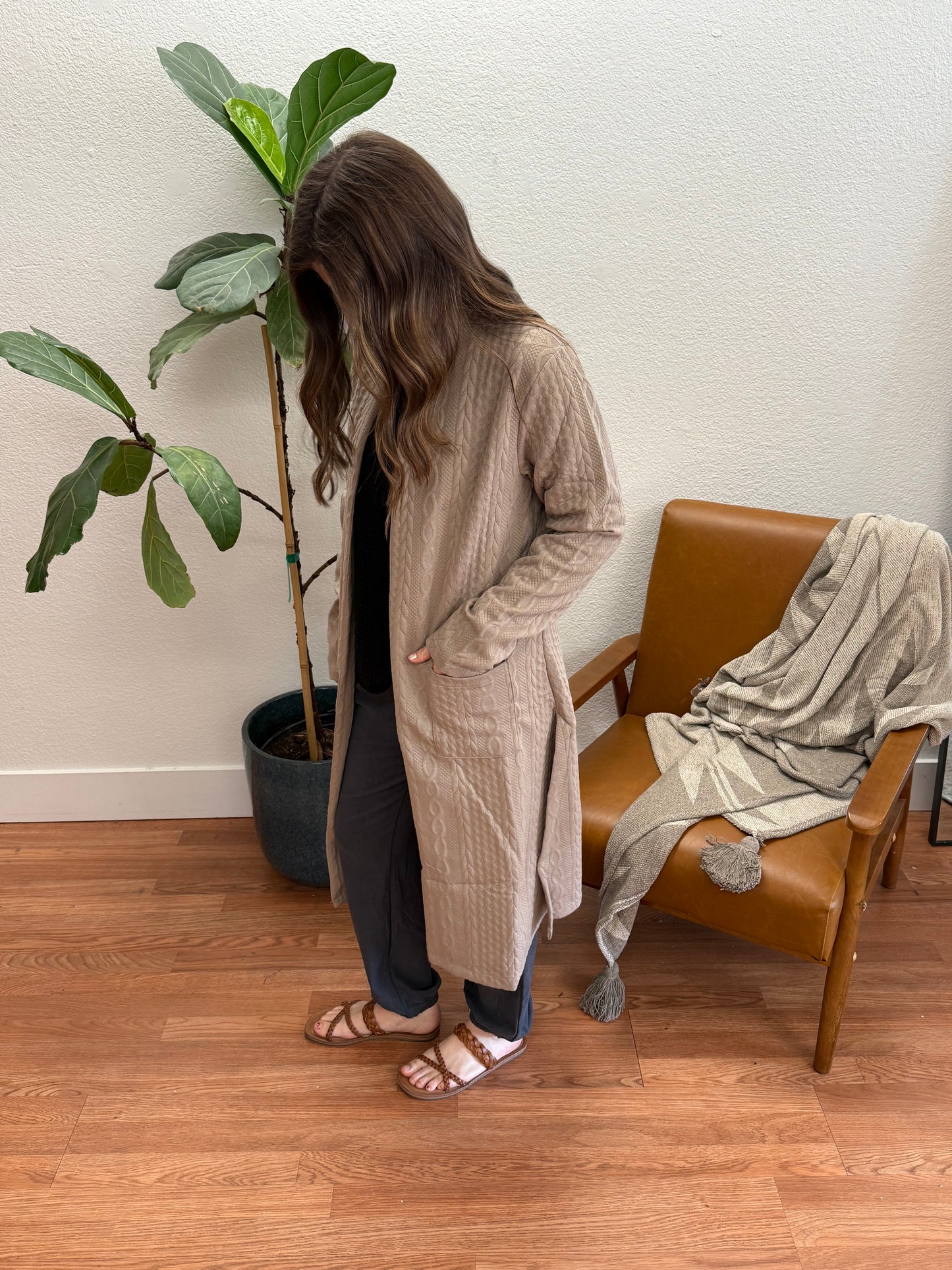 Taupe Braided Long Pocket Cardigan