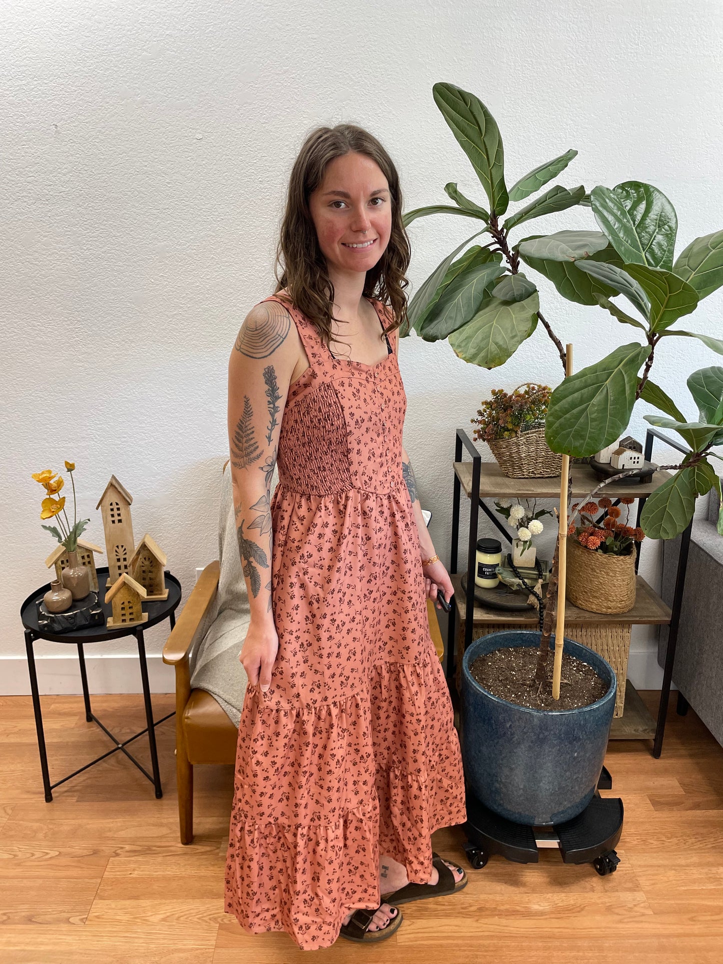 Mauve Tiered Smock Floral Maxi Dress