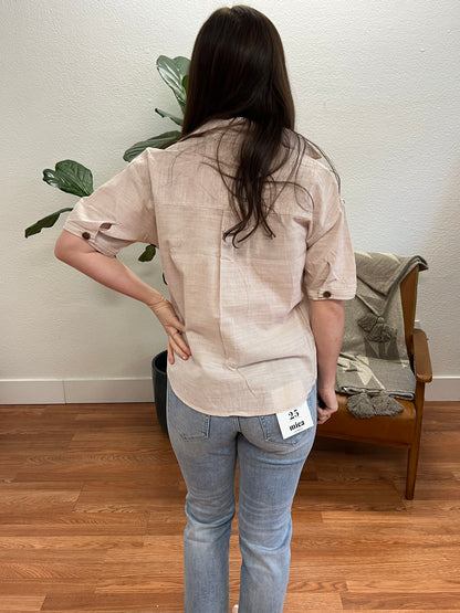 Taupe Button Down Pocket Woven Top