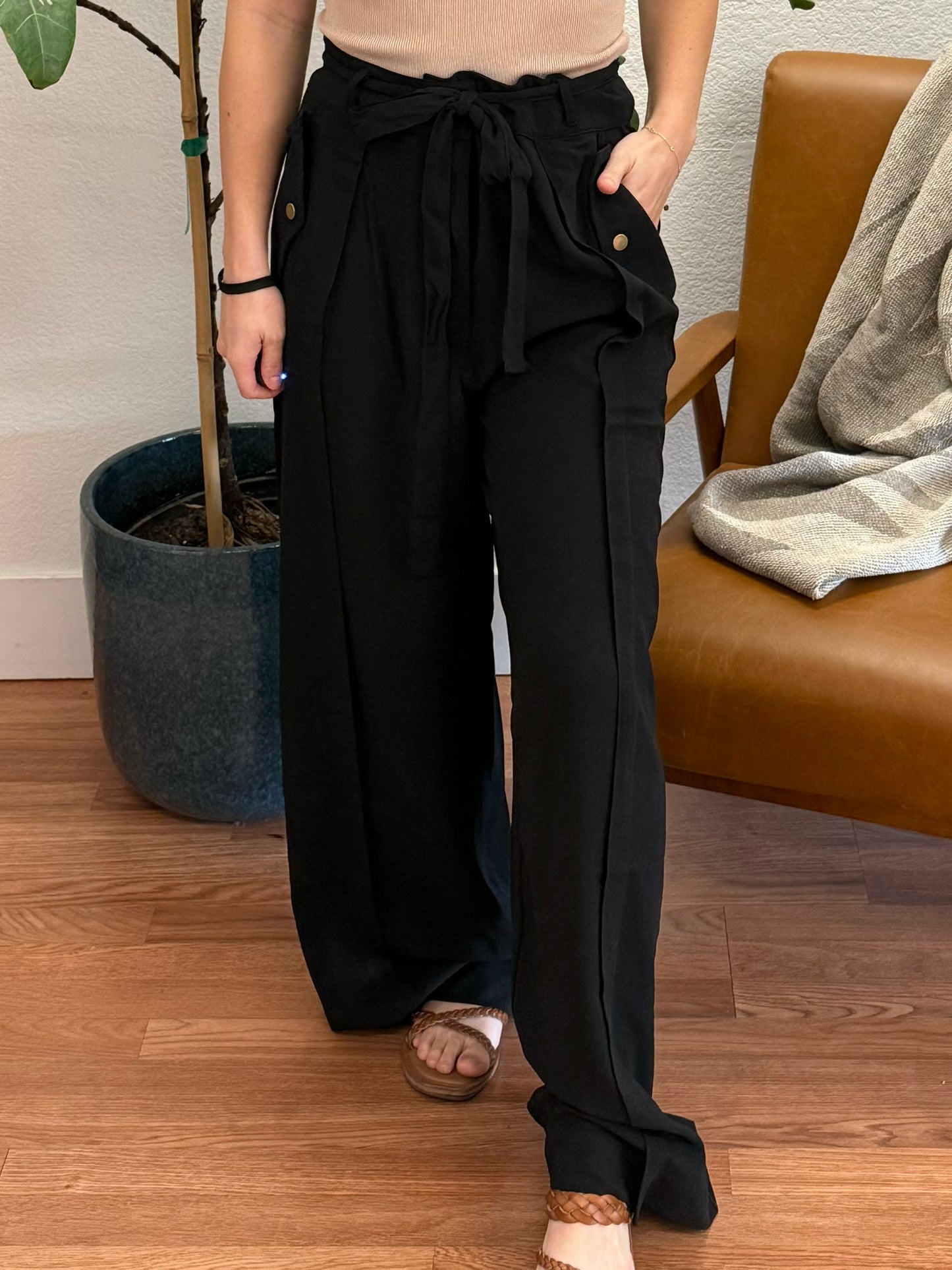 Black Button Closure Palazzo Pants