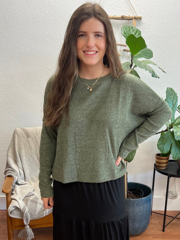 Olive Ribbed Dolman Sweater
