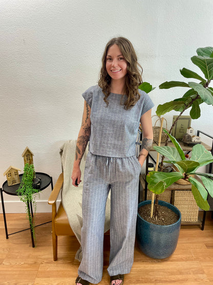 Navy Stripe Tie Front Linen Pants