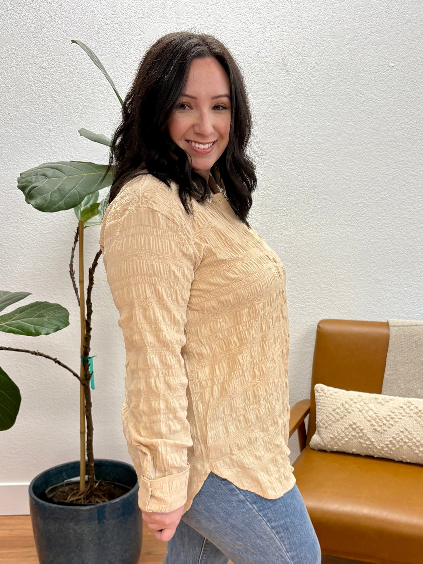 Almond Stripe Textured Button Down Top