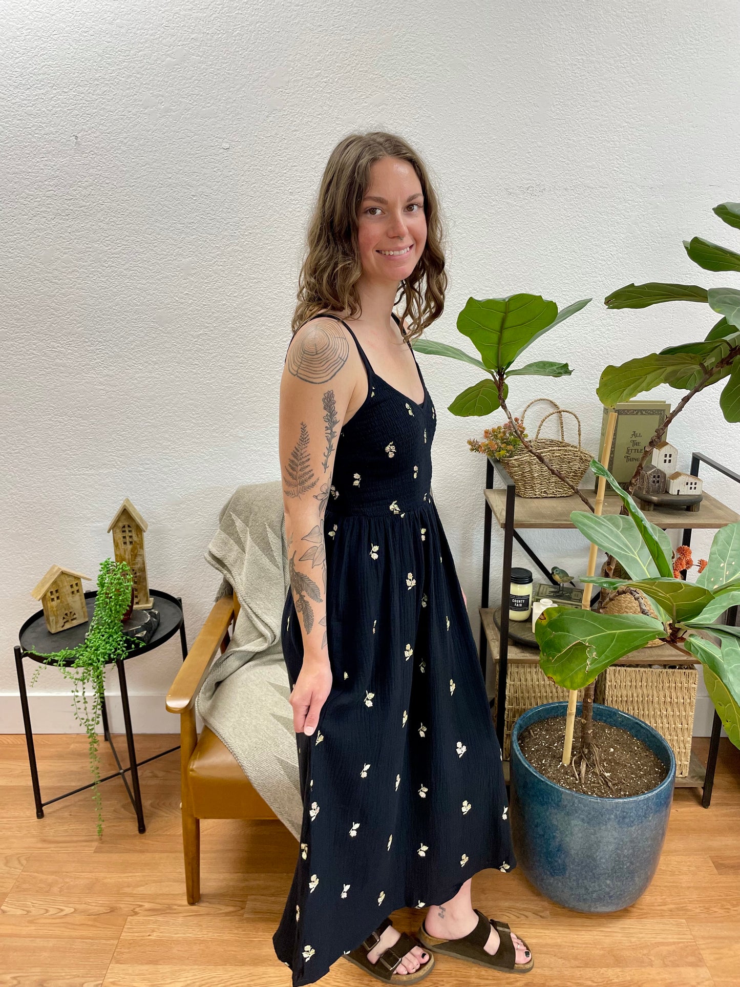Black Gauze Embroidered Midi Dress