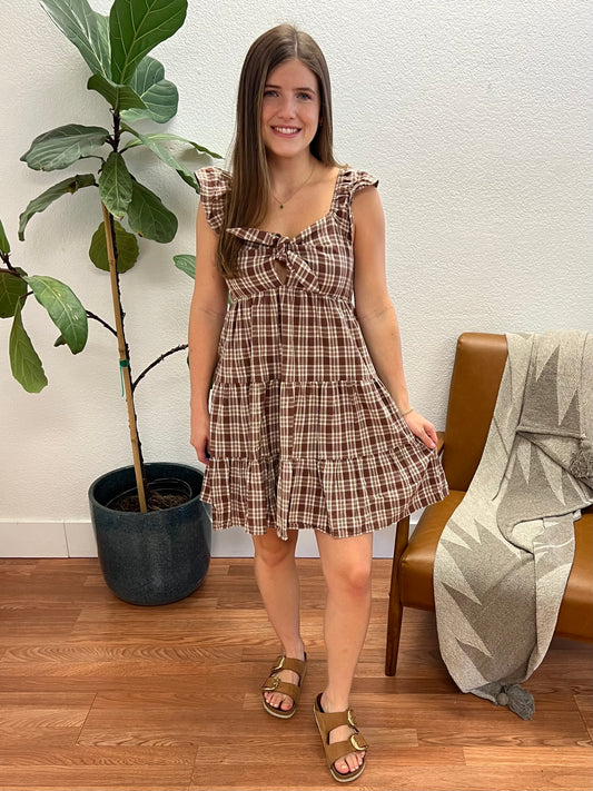 Brown Sleeveless Plaid Mini Dress