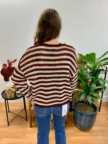 Burgundy Stripe Raw Edge Sweater
