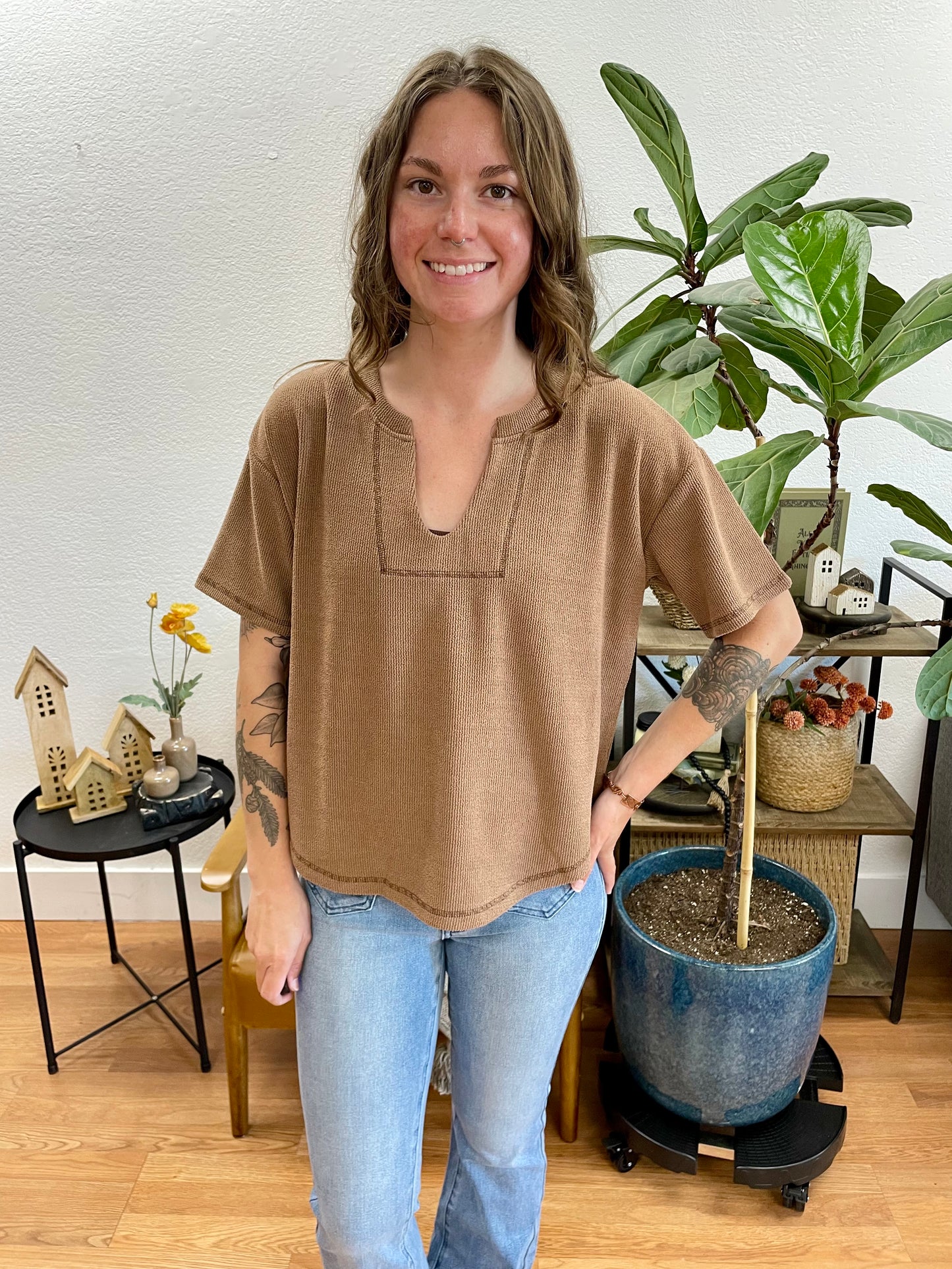 Mocha Split Neck Terry Knit Top