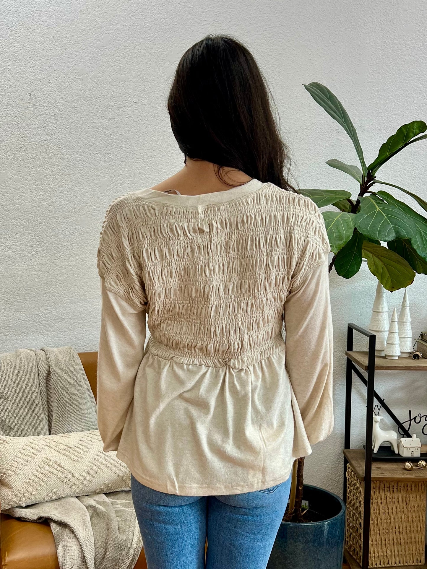 Oatmeal V Neck Babydoll Blouse