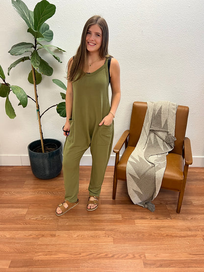 Olive V-Neck Jumpsuit with Pockets