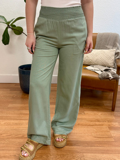 Mint Shirred Linen Pants