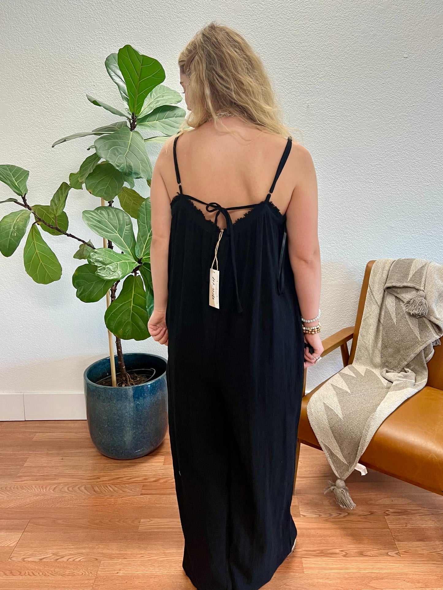 Black Frayed Detail Gauze Wide Leg Jumpsuit