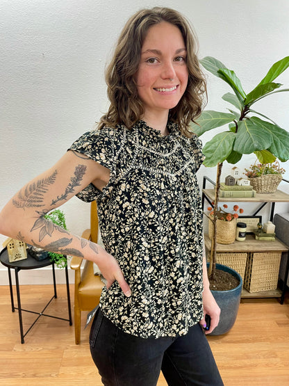 Black Floral Lace Yoke Top - Terra Cottage