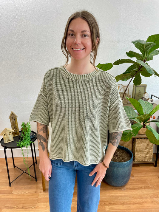 Sage Washed Raw Edge Knit Top