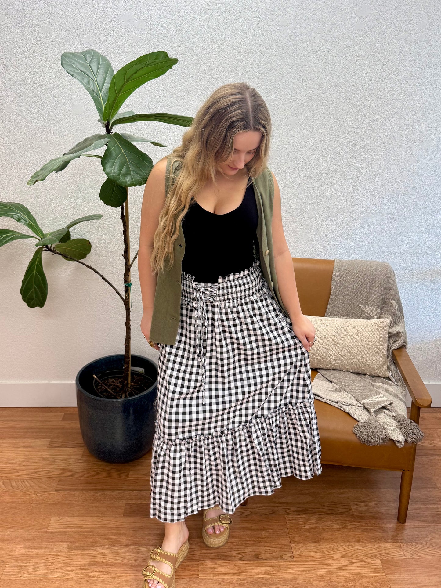 Black Gingham High Rise Smocked Skirt