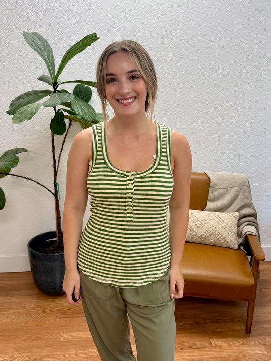 Green Stripe Button Tank
