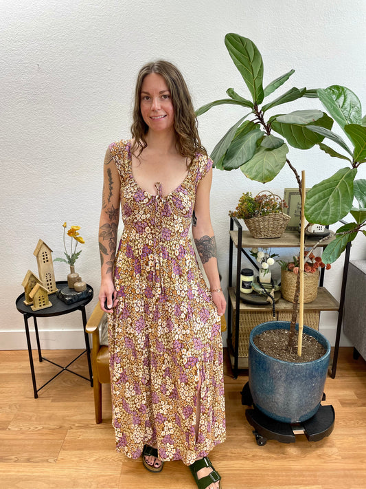 Brown Floral Scoop Neck Maxi Dress