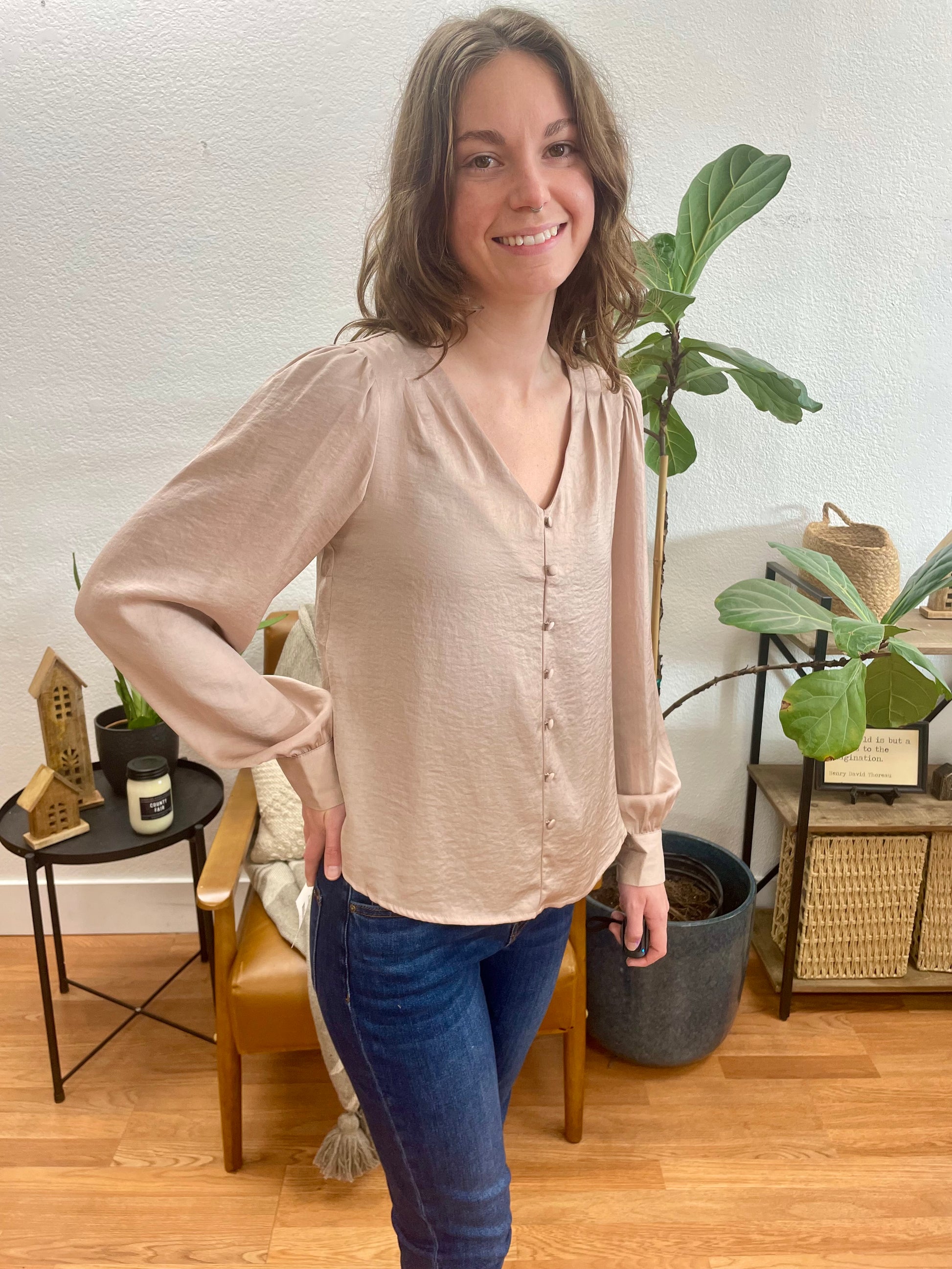 Mocha Textured Satin Button Down Top - Terra Cottage