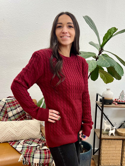 Red Round Neck Cable Knit Sweater