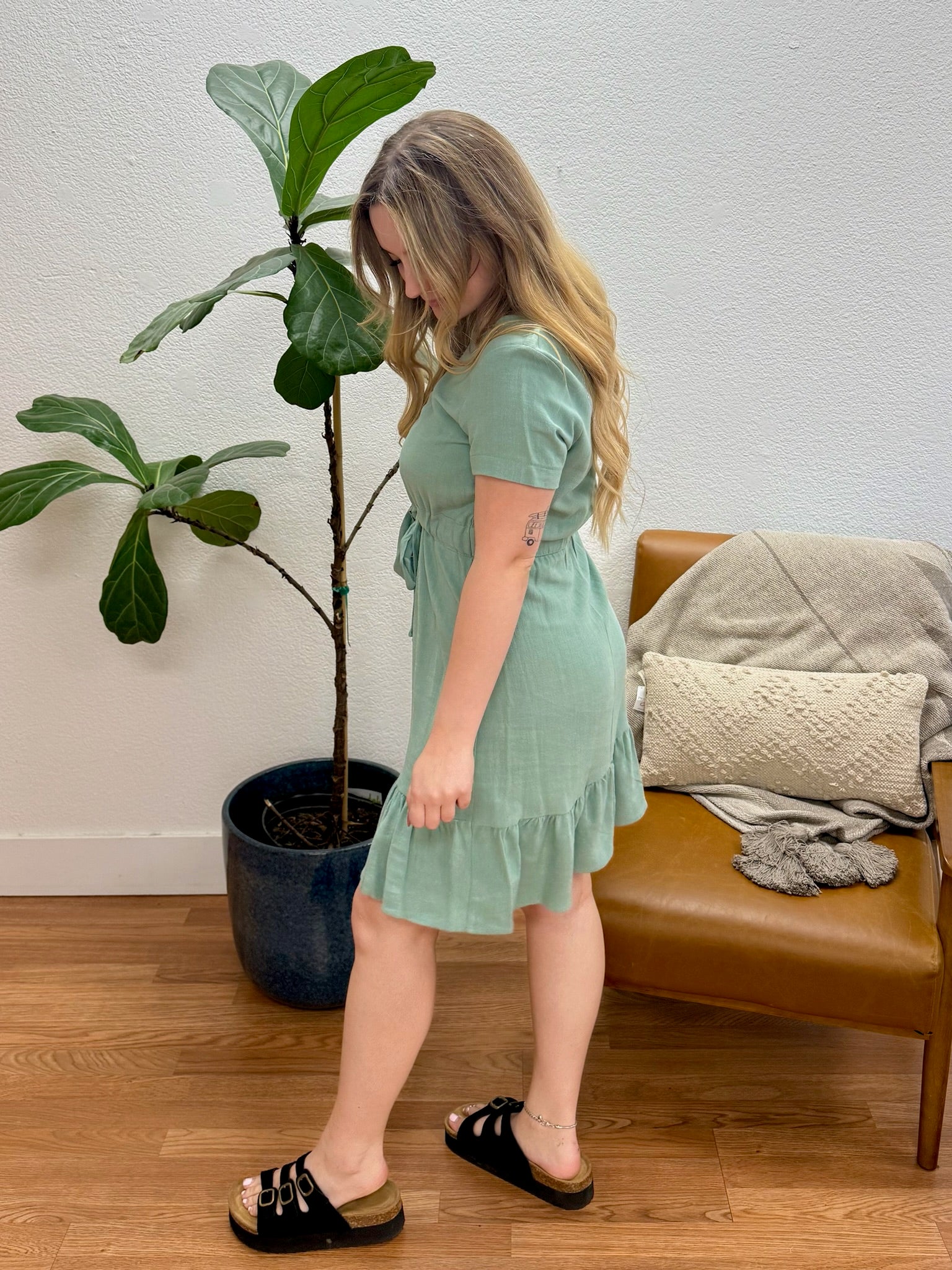 Sage Belted Linen Mini Dress Sage Belted Linen Mini Dress