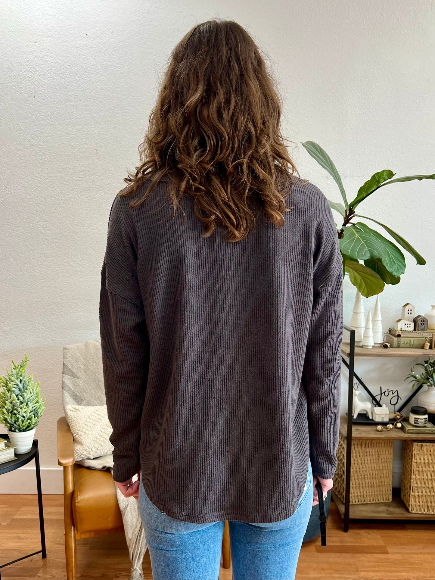 Navy Half Button V Neck Knit Top