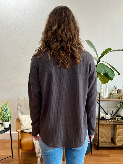 Navy Half Button V Neck Knit Top