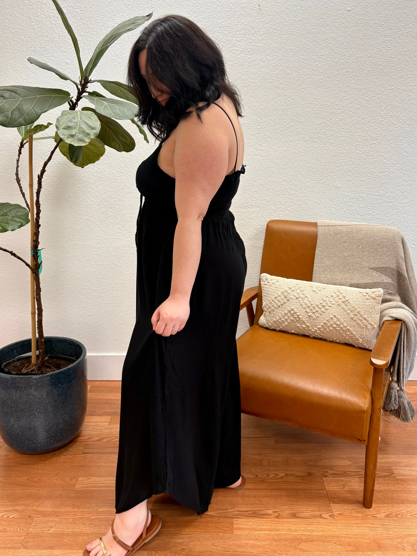 Black Solid Midi Jumpsuit