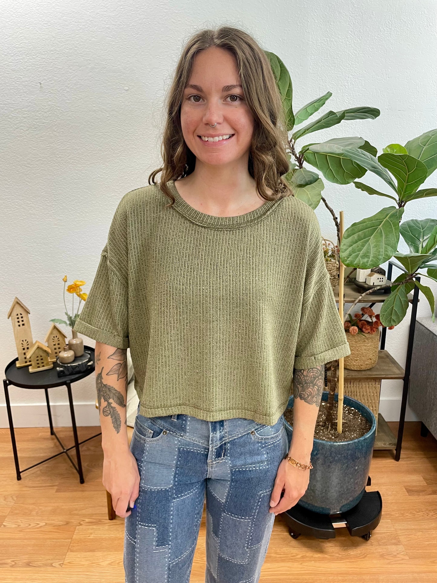 Olive Cropped Rolled Sleeve Top